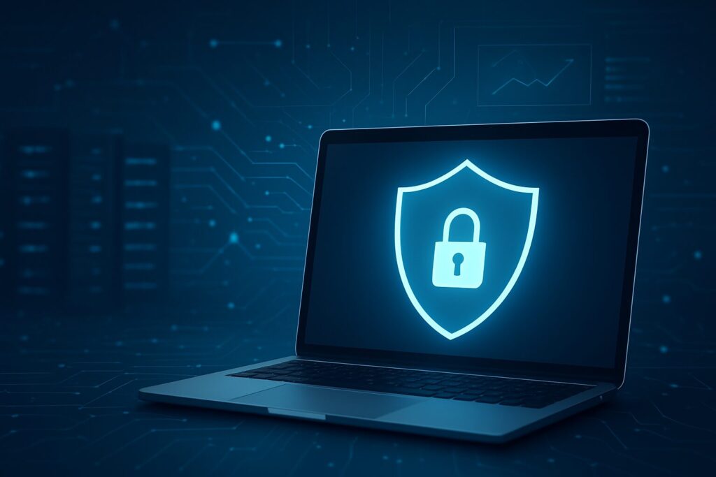 A laptop displaying a security shield with a padlock symbol, set against a tech-themed background