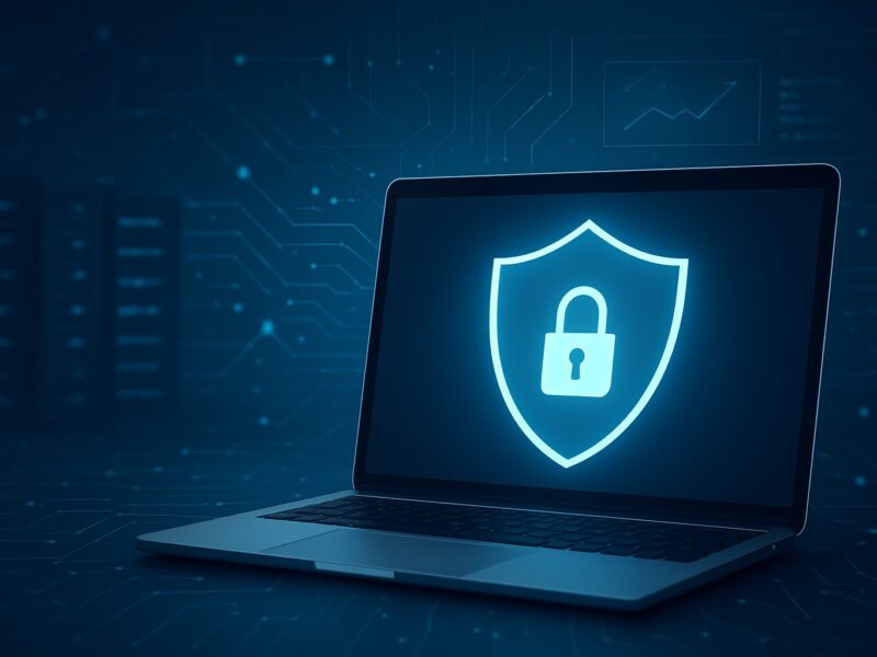 A laptop displaying a security shield with a padlock symbol, set against a tech-themed background